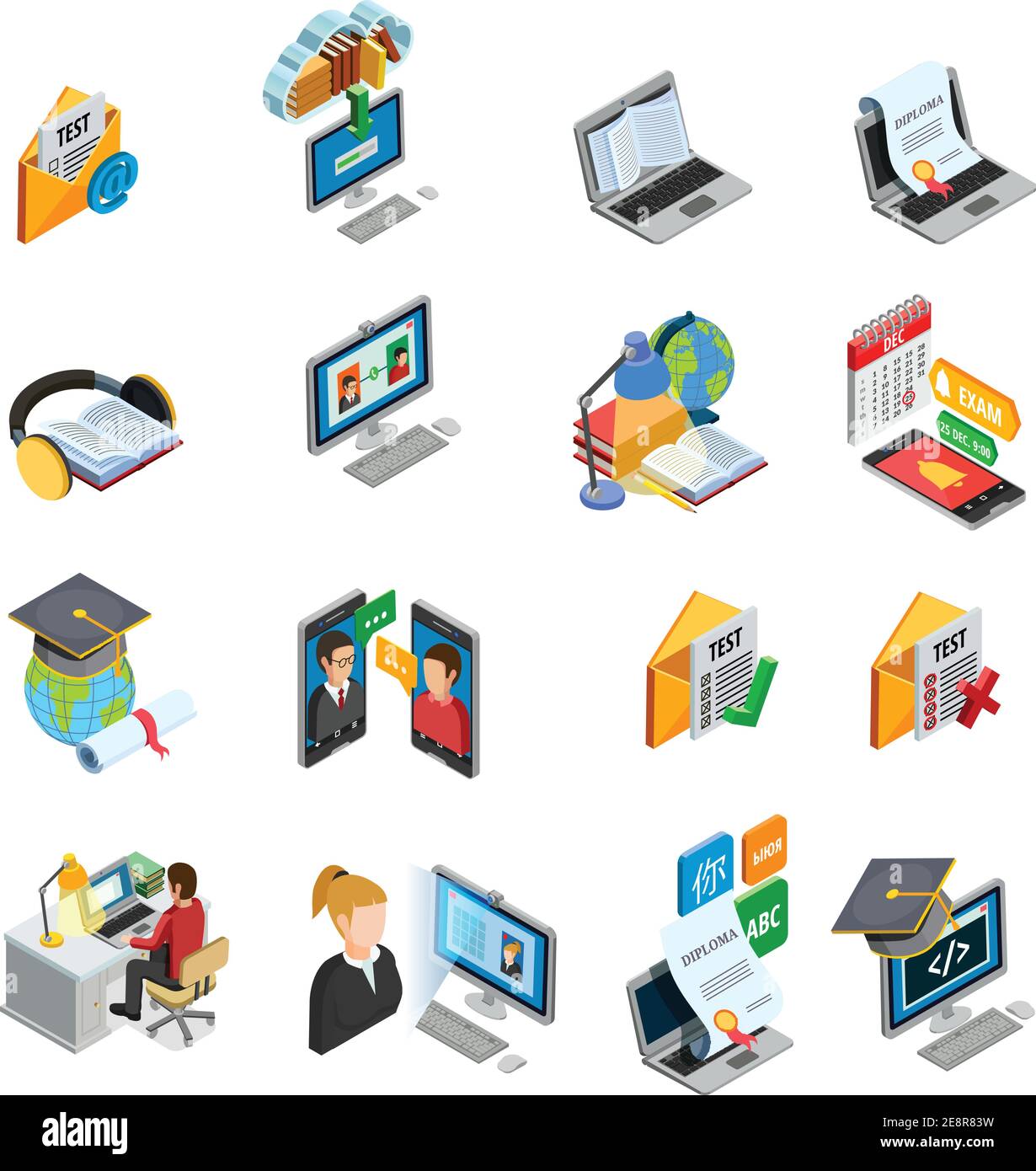 E-learning icônes isométriques ensemble avec des livres et des symboles éducatifs isolés illustration vectorielle Illustration de Vecteur