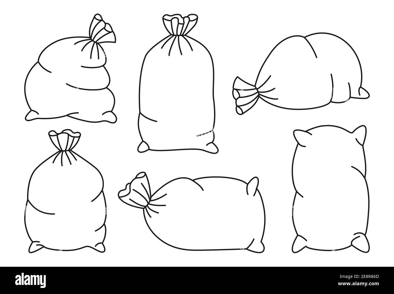 Sacs avec farine ou sucre ligne noire ensemble. Collection de croquis en toile de jute. Récolte agricole icône production de farine. Symbole boulangerie et moulin. Concevoir des éléments de ferme biologiques, vecteur d'étiquette d'emballage Illustration de Vecteur