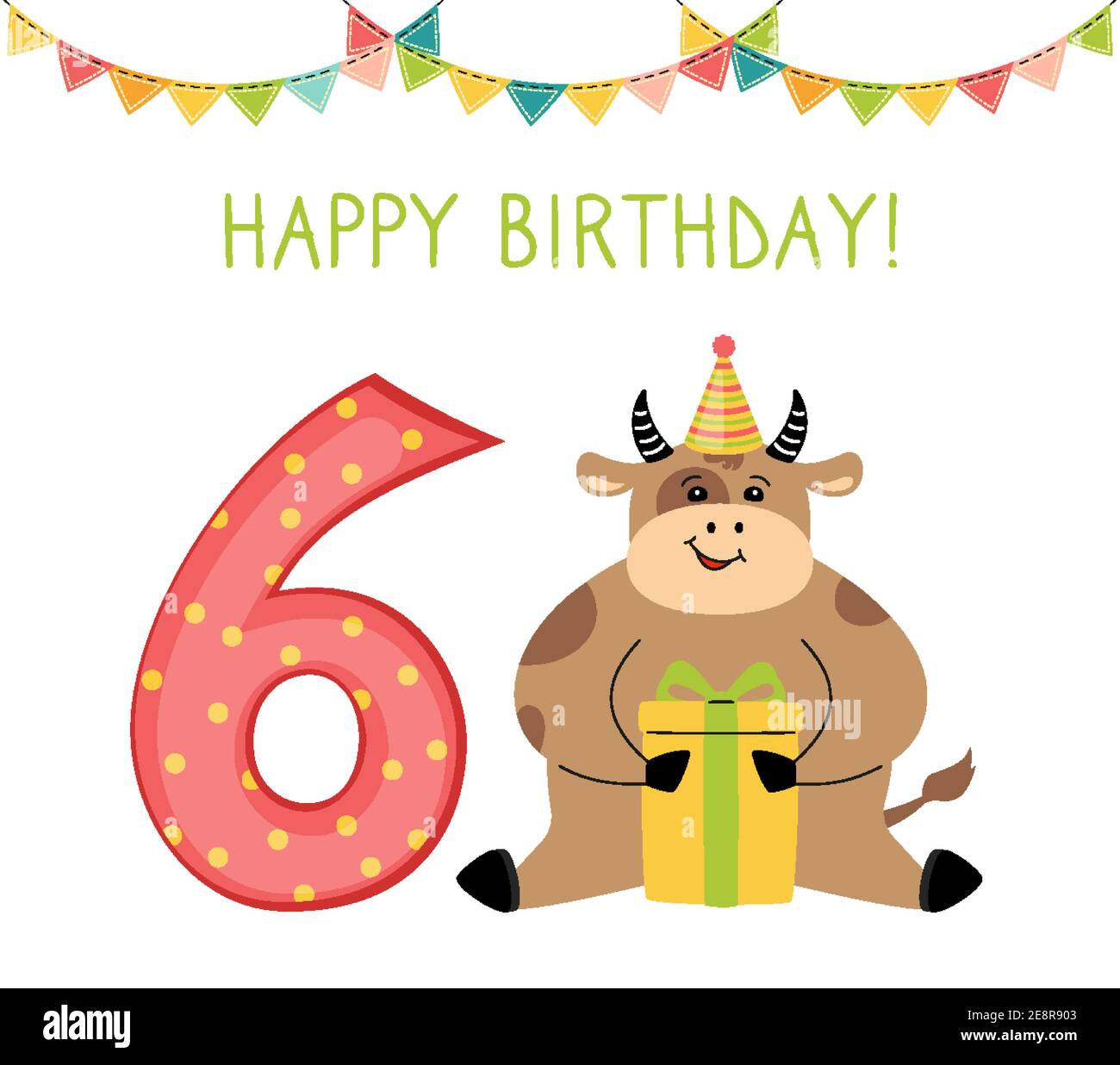 Carte de voeux pour joyeux anniversaire, taureau avec boîte cadeau et numéro six. Dessin à la main du personnage de dessin animé de boeuf en chapeau, présent. Félicitez l'enfant du 6e anniversaire. Illustration vectorielle amusante et plate isolée à motif animal Illustration de Vecteur