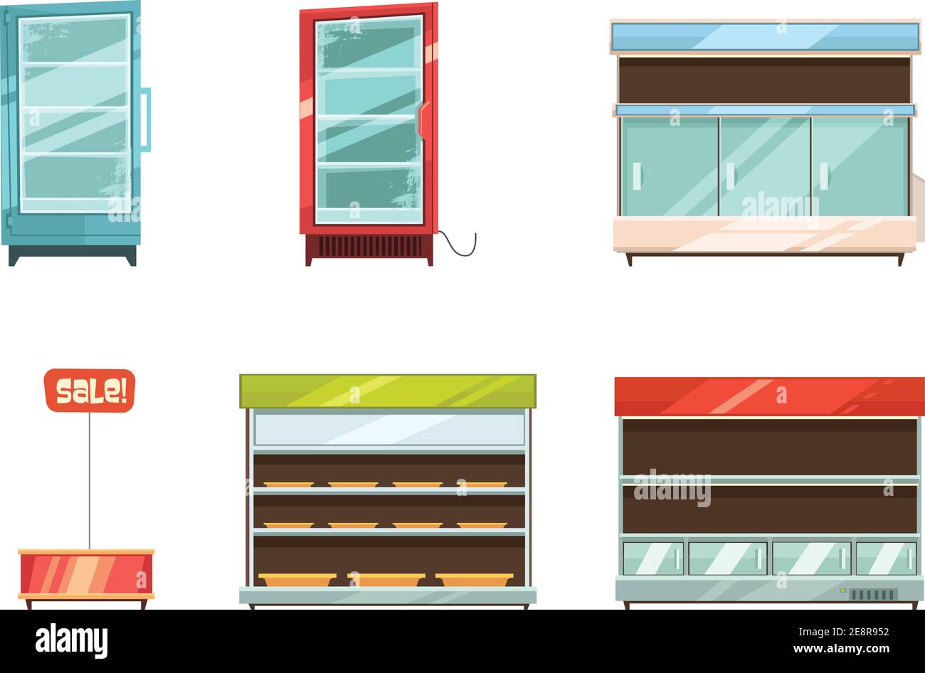 Les articles de supermarché et d'épicerie présentent des étagères pour réfrigérateur et des articles vendus dans les allées illustration vectorielle isolée de la collection d'icônes de dessins animés rétro Illustration de Vecteur