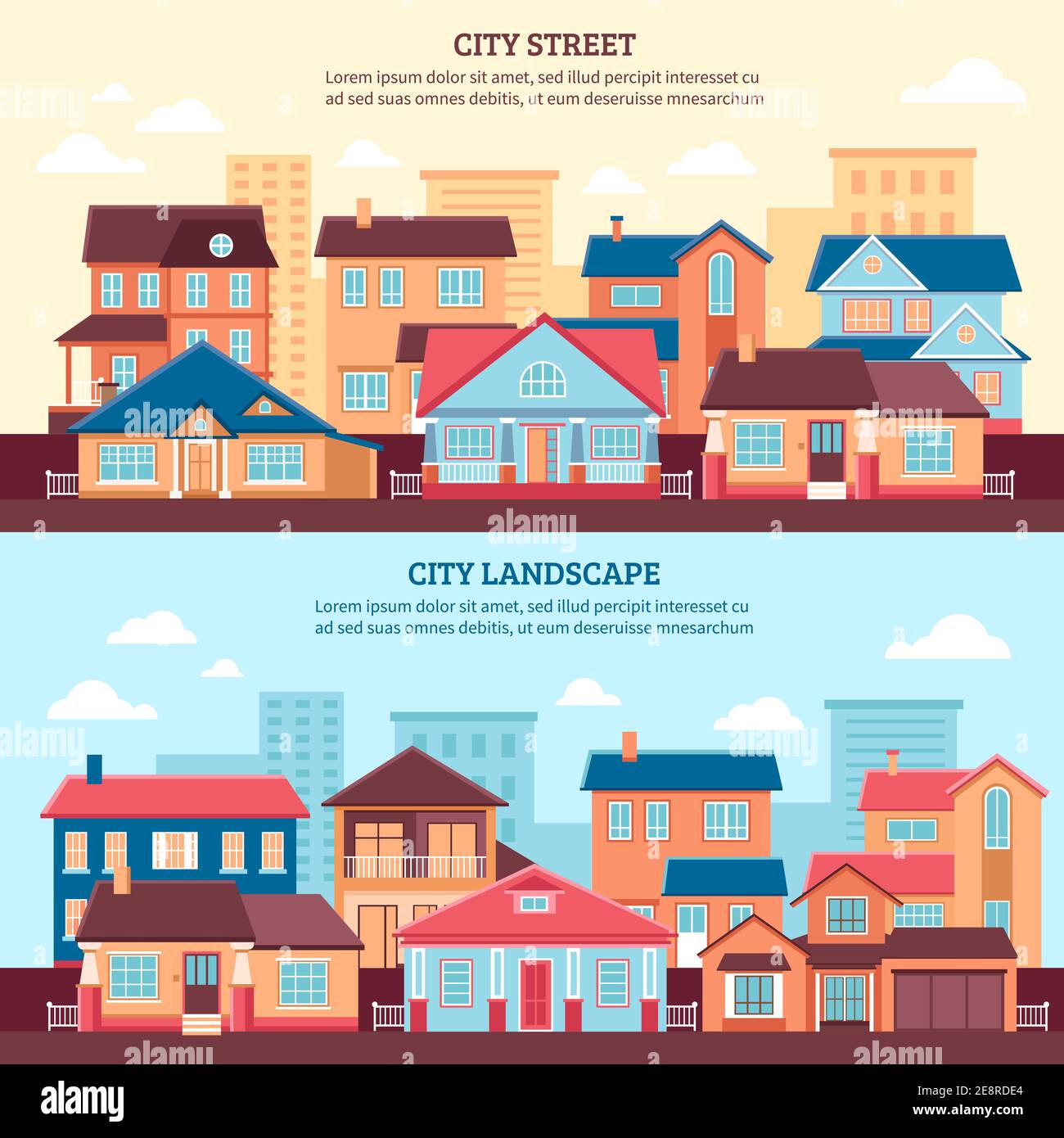 Banderoles horizontales plates de paysage urbain d'un et deux étages chalets et bâtiments à plusieurs étages illustration vectorielle plate Illustration de Vecteur