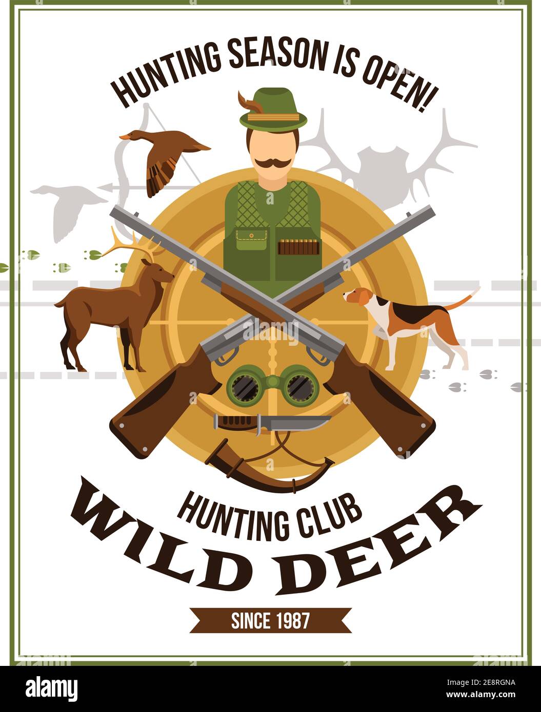 Poster de chasse avec chasseur canons jumelles corne couteau chien illustration du vecteur cerf et canard Illustration de Vecteur