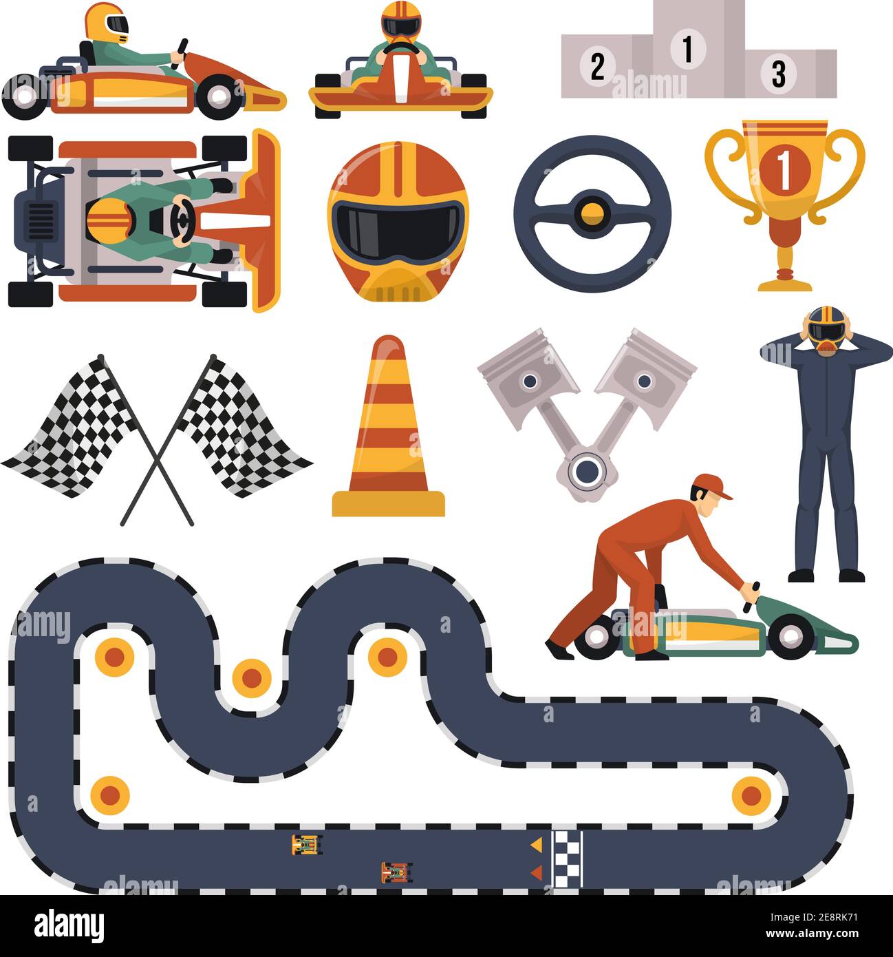 Équipement de course automobile de karting à conception plate et pilotes définir une illustration vectorielle isolée sur fond blanc Illustration de Vecteur