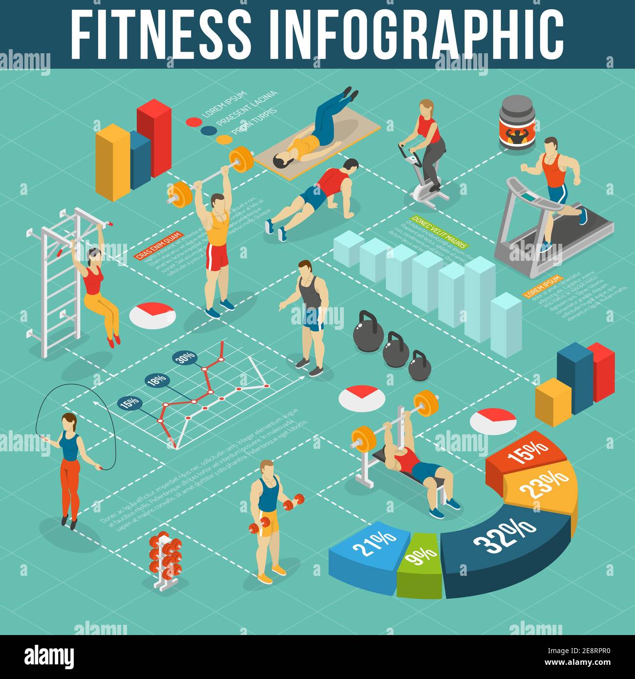Ensemble d'infographies de fitness.informations sur le club de fitness. Ensemble de fitness Isométrique. Illustration du vecteur d'entraînement. Illustration de Vecteur