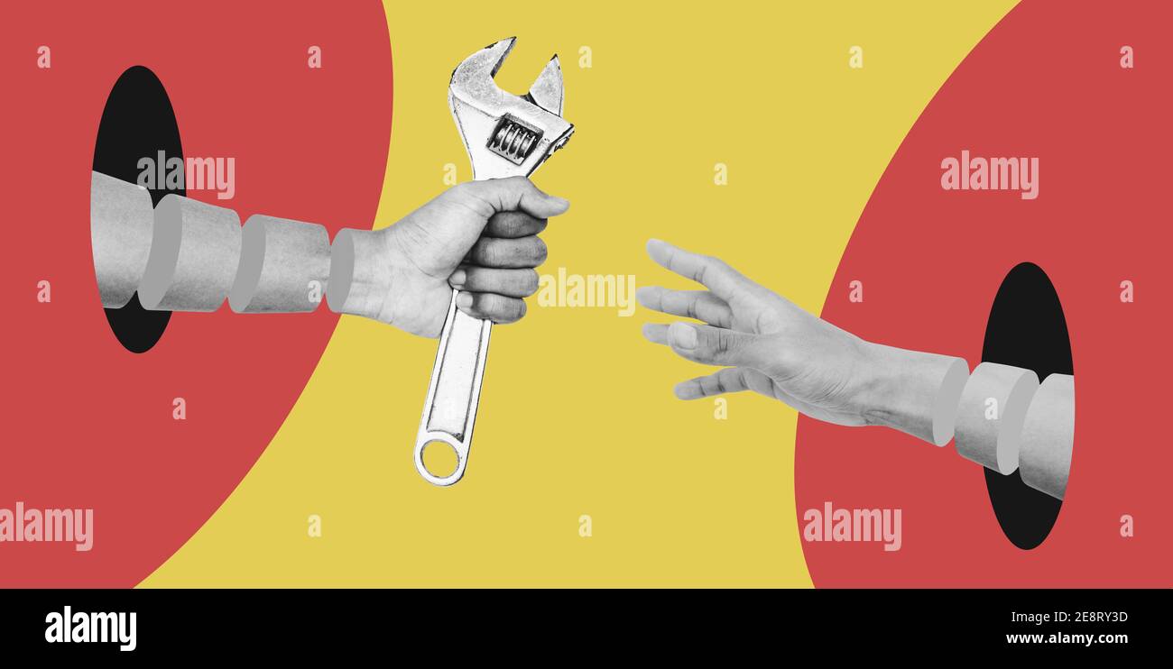 Collage numérique art moderne, clé à main et clé à main Banque D'Images