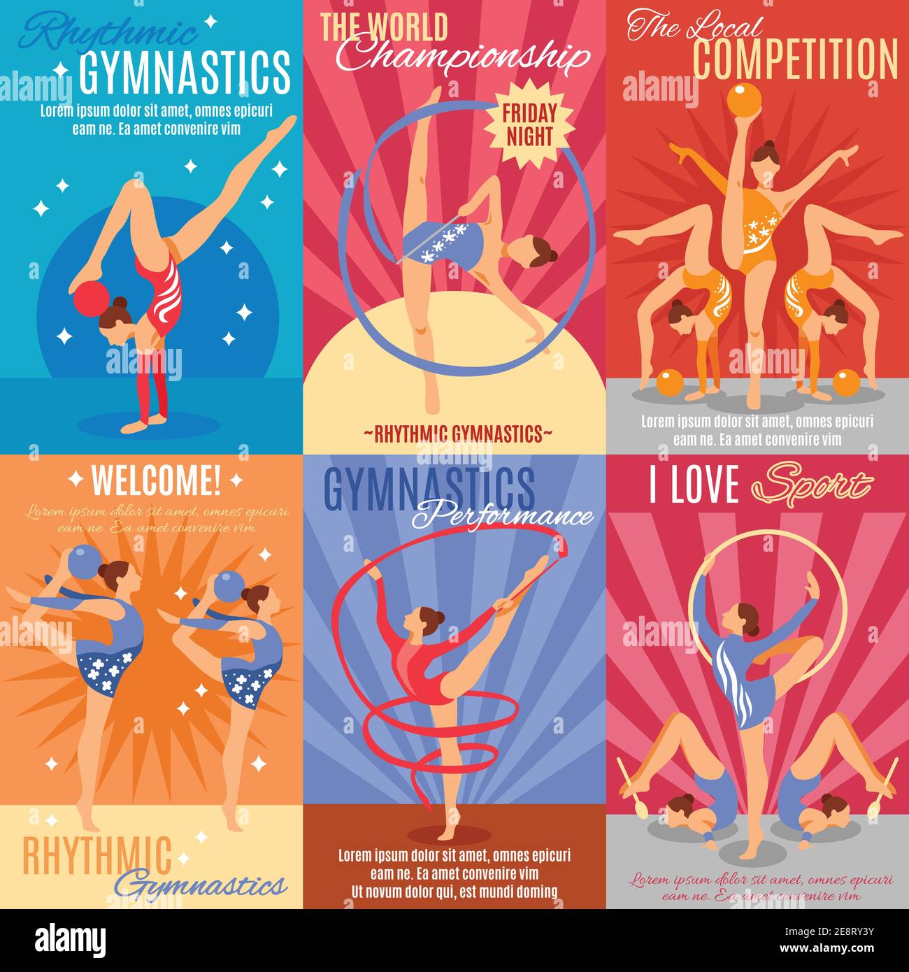 Collection de six posters de gymnastique rythmique avec publicité de venant en arrivant championnat du monde et présentation de performance de gymnaste illustrateur de vecteur plat Illustration de Vecteur