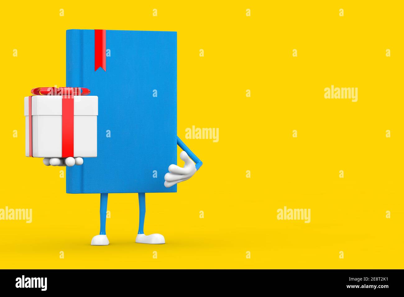 Mascotte de personnages Blue Book avec boîte cadeau et ruban rouge sur fond jaune. Rendu 3d Banque D'Images