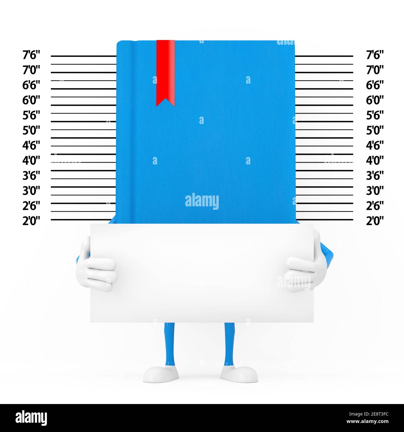 Mascotte de personnage de livre bleu avec plaque d'identification devant la police de ligne ou de fond de Mugshot extrême gros plan. Rendu 3d Banque D'Images