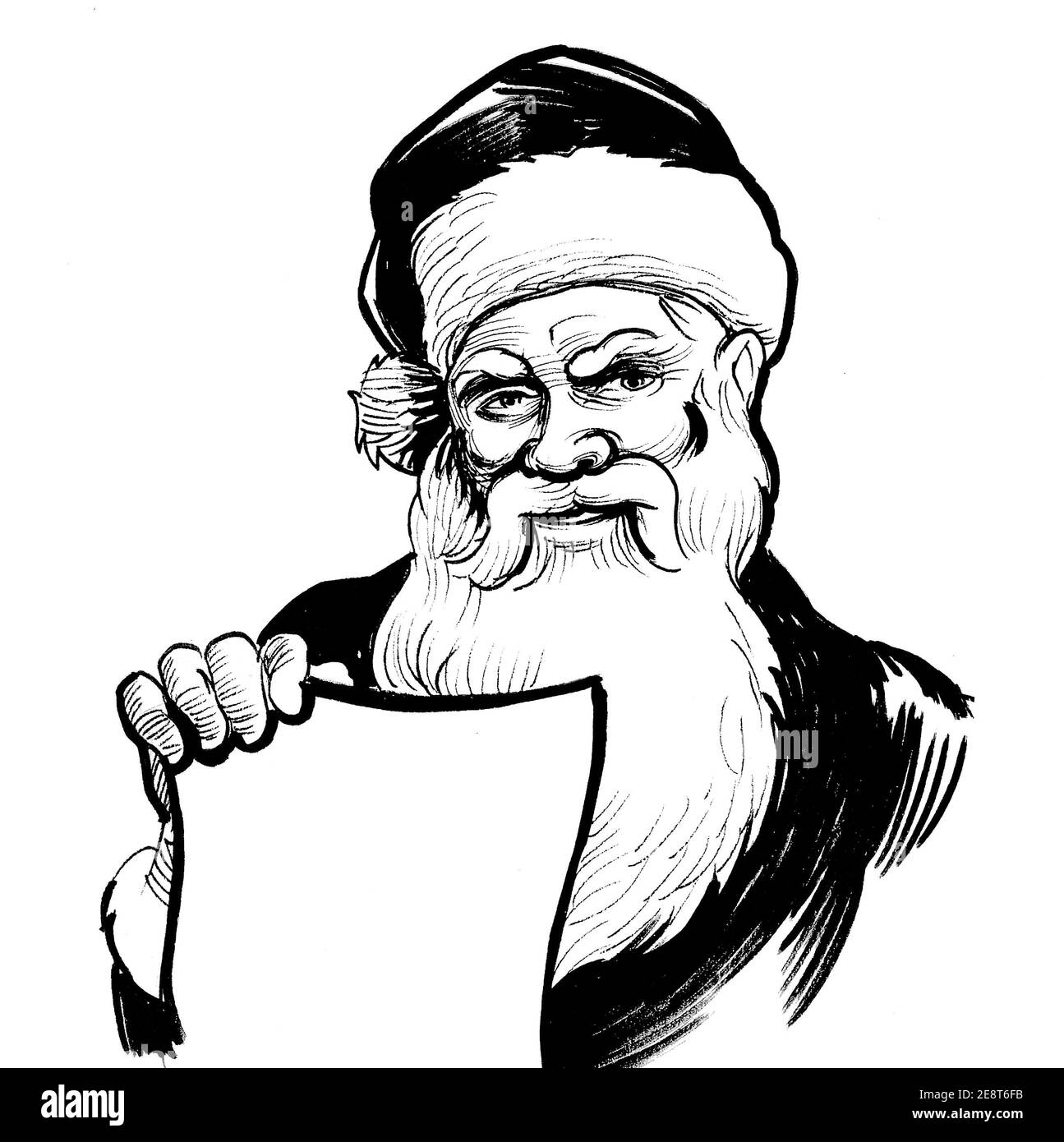 Clause Santa contenant une feuille de papier vierge. Dessin noir et blanc Banque D'Images