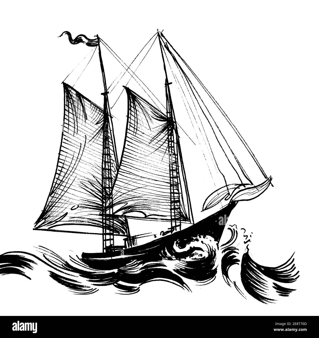 Navire à voile en mer agitée. Dessin noir et blanc Encre Photo Stock - Alamy