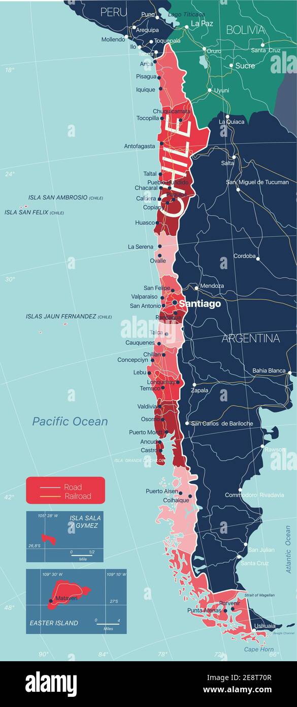Chili carte détaillée modifiable avec régions villes, routes et chemins de fer, sites géographiques. Fichier vectoriel EPS-10 Illustration de Vecteur