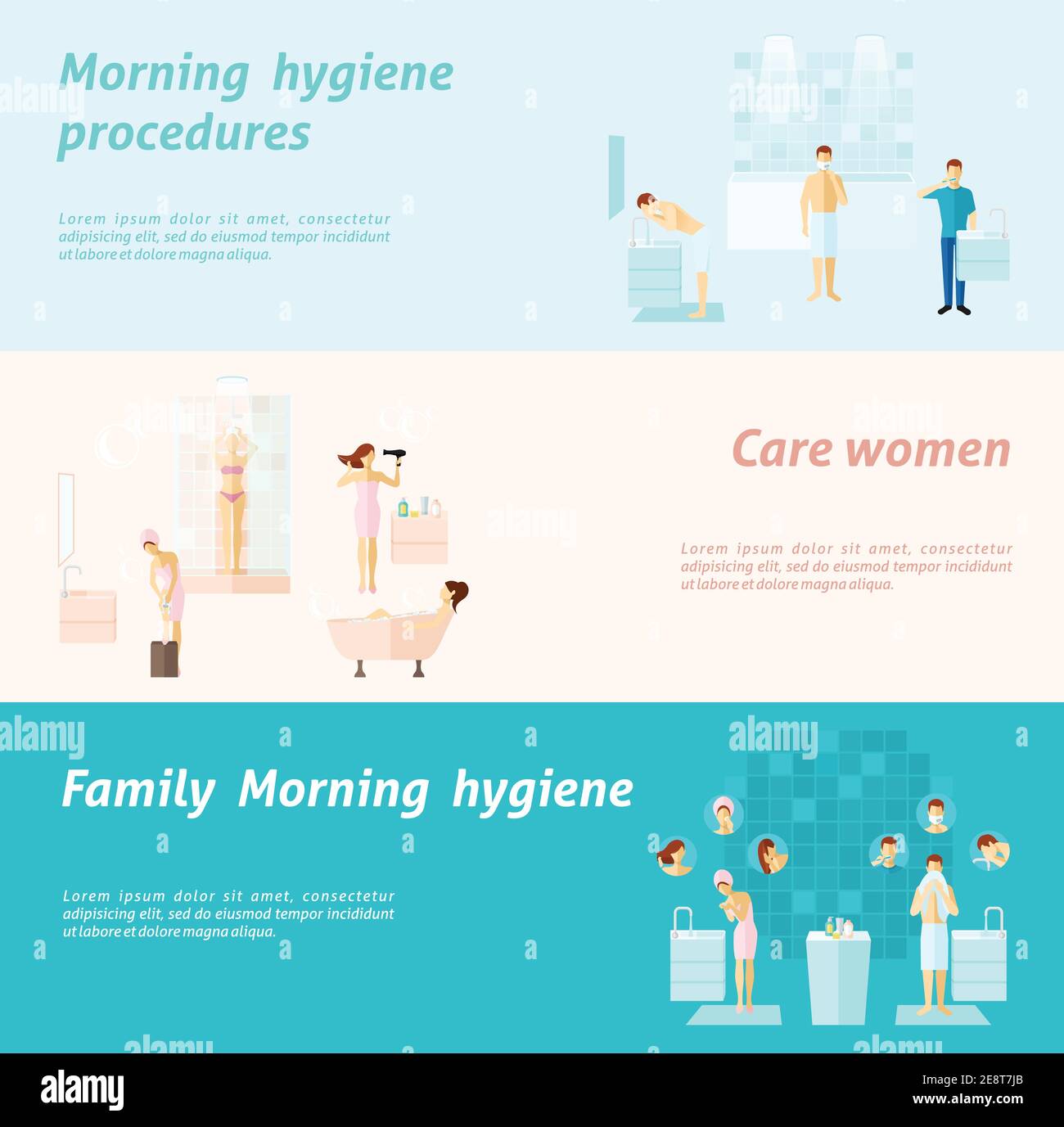 Hygiène personnelle et familiale le matin et soins de femme à plat  horizontal bannières définir une illustration vectorielle isolée Image  Vectorielle Stock - Alamy