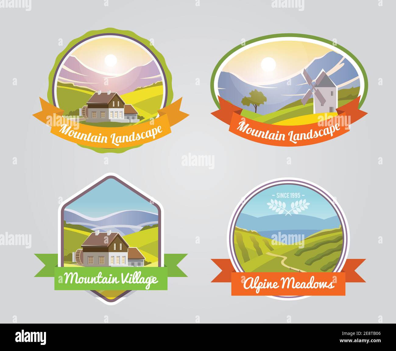 Ensemble d'étiquettes de paysage de montagne avec des prés alpins et des symboles de village illustration vectorielle isolée Illustration de Vecteur