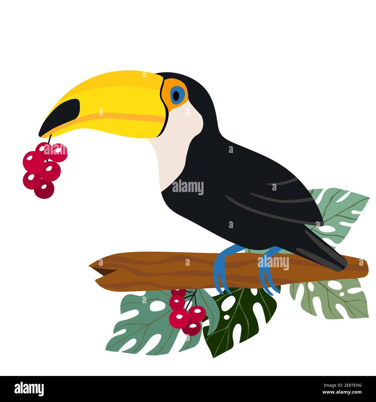 Un joli petit oiseau de toucan de dessin animé sur la branche. Illustration de stock vectoriel pour les invitations, les cartes, les affiches. Imprimé exotique d'été. Icône toucan tropicale à motif floral Illustration de Vecteur