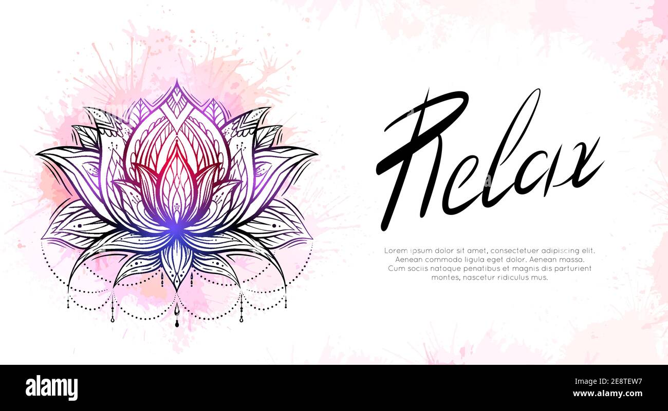 Modèle horizontal avec contour tribal lotus, touches d'aquarelle et texte relax. Carte postale spirituelle religieuse. Nénuphars aux motifs indigènes Illustration de Vecteur