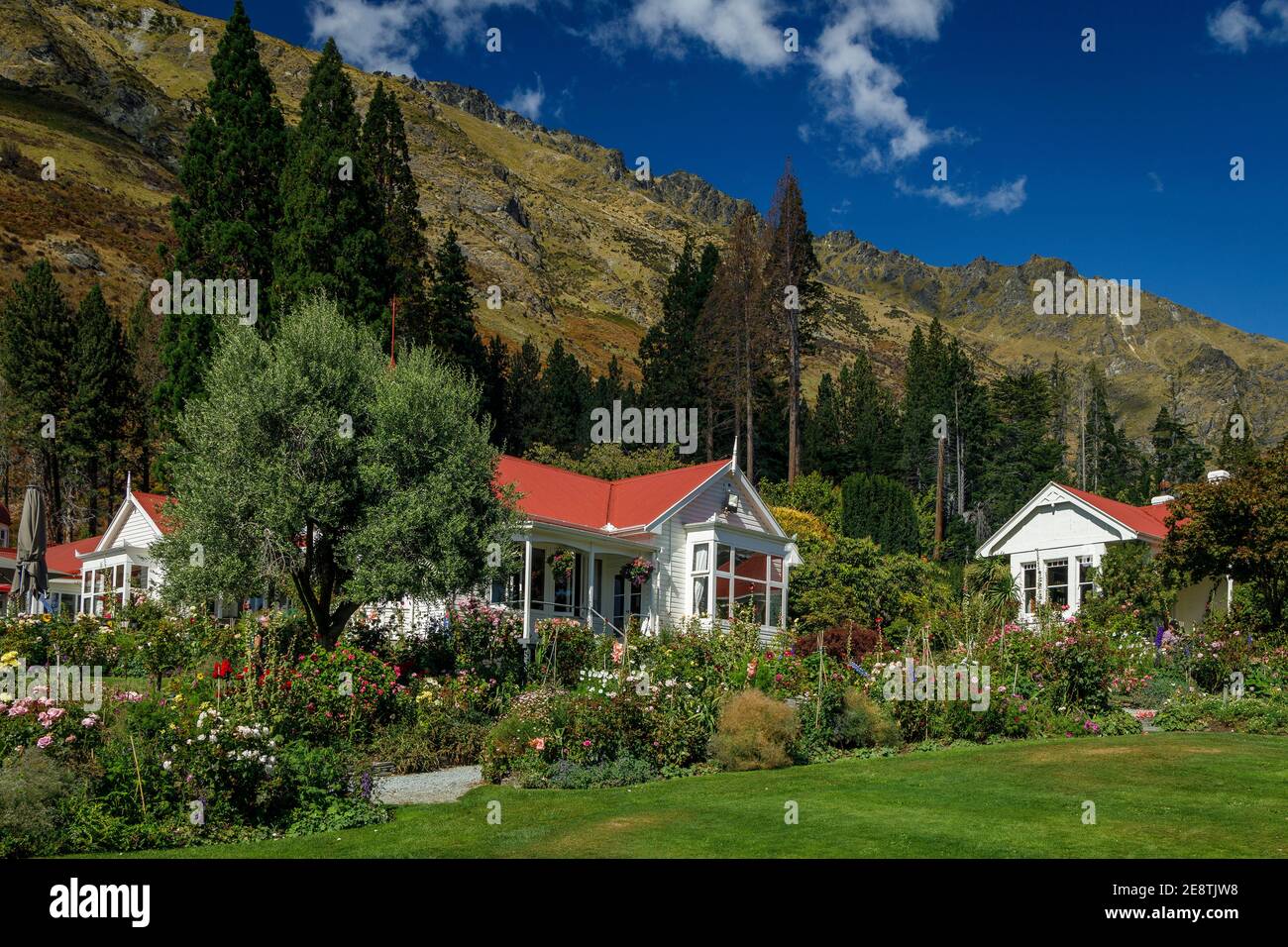 La Walter Peak High Country Farm à côté du lac Wakatipu, Queenstown, Nouvelle-Zélande. Banque D'Images