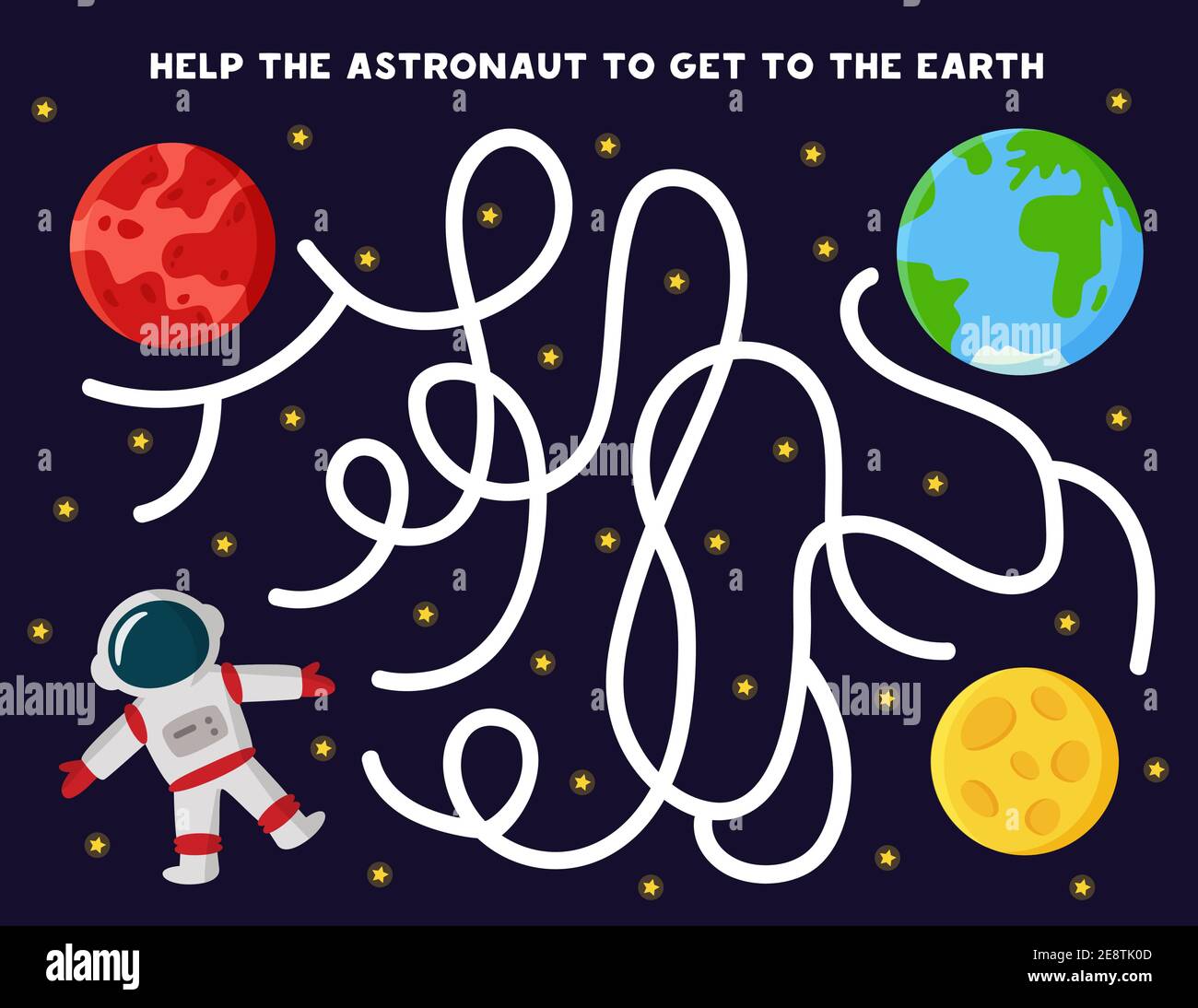 Jeu de labyrinthe pour les enfants. Aider l'astronaute à se rendre sur la planète Terre. Feuille de travail sur le thème de l'espace Illustration de Vecteur