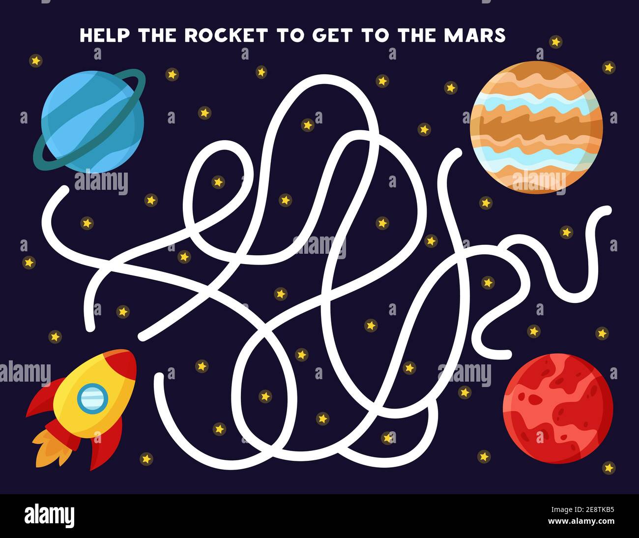 Jeu de labyrinthe pour les enfants. Aidez la fusée à atteindre la planète Mars. Feuille de travail sur le thème de l'espace Illustration de Vecteur