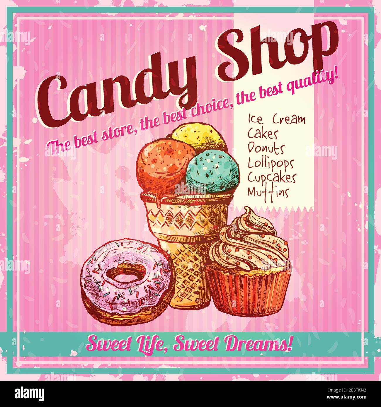 Affiche de la boutique de bonbons vintage avec glace à beignets et croquis illustration du vecteur de cupcake sur fond texturé Illustration de Vecteur
