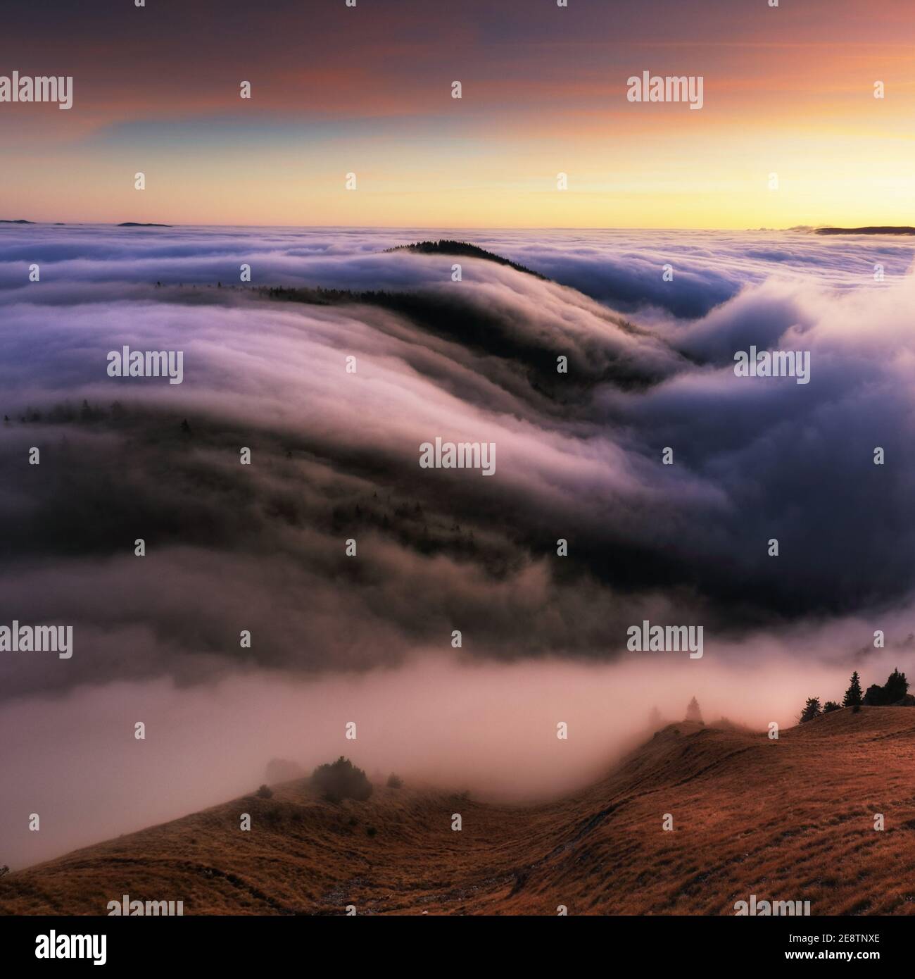 Paysage de montagne au-dessus des nuages au coucher du soleil en Slovaquie avec forêt et le soleil Banque D'Images