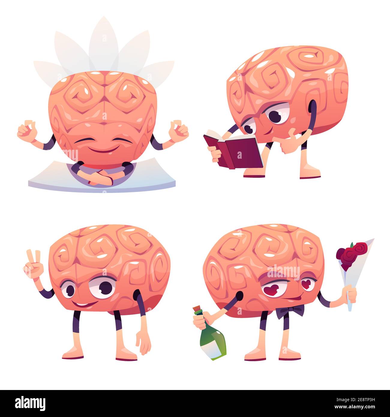 Joli Personnage De Cerveau Dans Differentes Poses Scenario Ensemble De Dessin Anime Chat Bot Drole De Cerveau Humain Lecture Livre Meditant Montrant Le Signe De La Victoire Et La Chute Image Vectorielle
