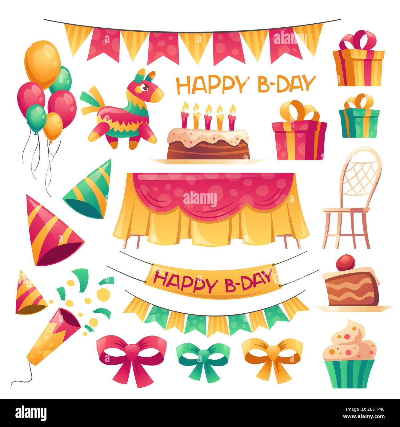 Ensemble De Decoration De Fete D Anniversaire Drapeaux Guirlande Ballons Chapeaux Triangulaires Table Et Chaise Pour La Celebration D Anniversaire A L Exterieur Icones De Dessin Anime Vectoriel De Ho Image Vectorielle Stock Alamy
