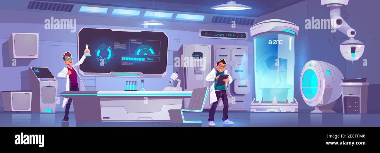 Les scientifiques en laboratoire effectuent des expériences, des recherches scientifiques en cryogénie ou en laboratoire chimique avec un microscope d'équipement, des flacons en verre, une caméra cryogénique avec illustration vectorielle basse température Illustration de Vecteur