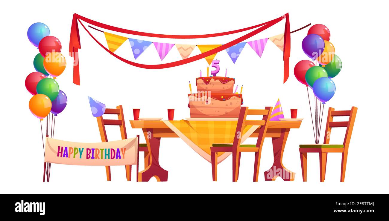 Anniversaire Exterieur Ensemble De Fete Isole Sur Fond Blanc Mobilier Et Decoration De Dessin Anime Vectoriel Banderole De Vacances Guirlande De Drapeaux Gateau Aux Bougies Image Vectorielle Stock Alamy