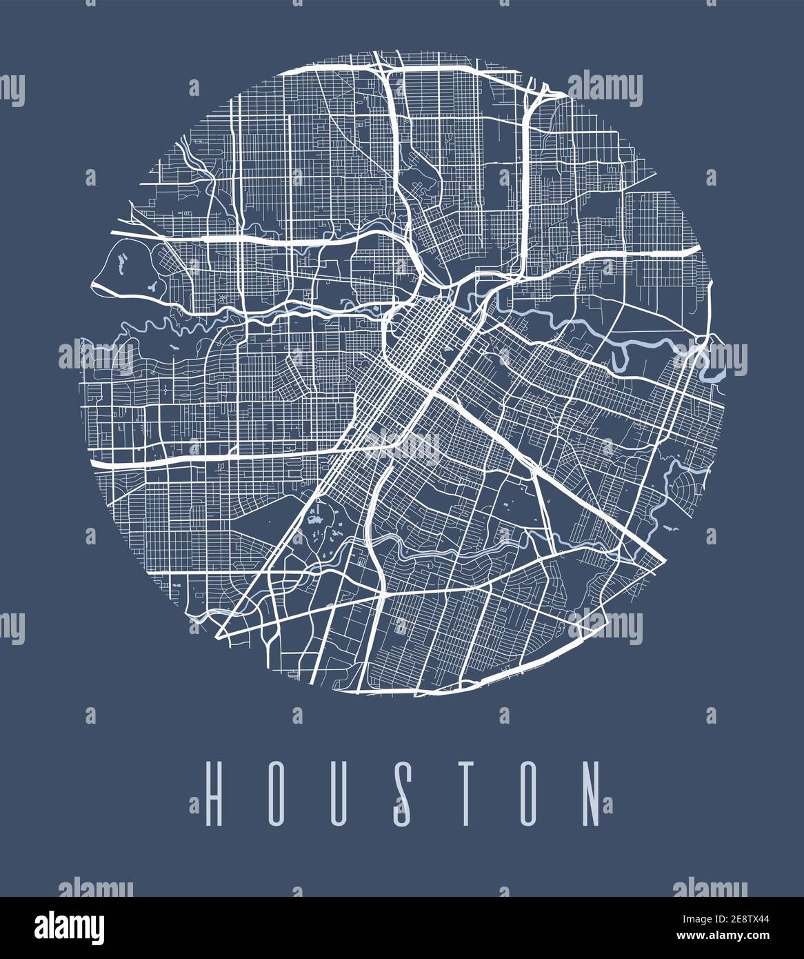 Poster de la carte de Houston. Plan de la ville de Houston au design décoratif. Panorama urbain aria silhouette vue aérienne, style typographique. Terre, rivière, haute Illustration de Vecteur