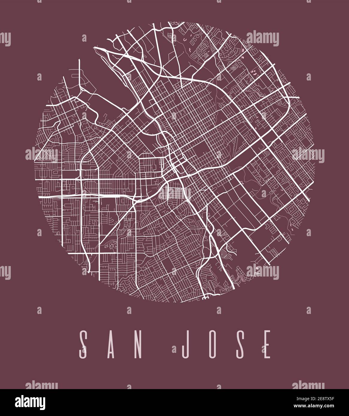 Affiche de carte de San Jose. Plan de la ville de San Jose. Panorama urbain aria silhouette vue aérienne, style typographique. Terre, rivière, hig Illustration de Vecteur