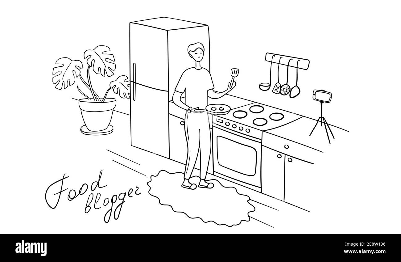 Blogueur de nourriture préparer la nourriture dans la cuisine en direct. Vidéo des didacticiels de cuisinier en ligne. L'homme partage des recettes avec des suiveurs. Un influenceur masculin filme la leçon sur la caméra Illustration de Vecteur