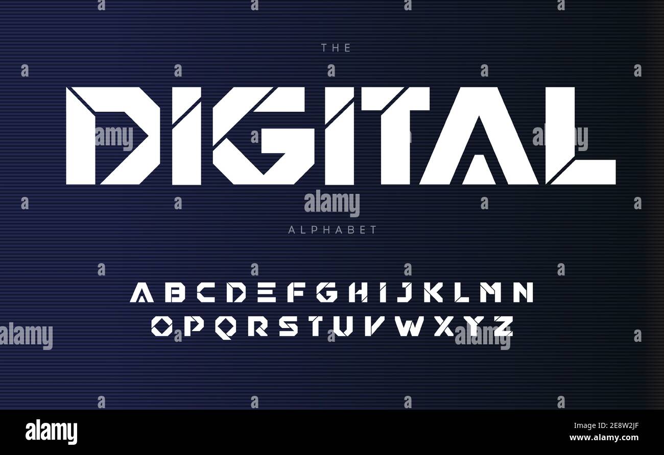 Alphabet urbain numérique, lettres de style Futurisme audacieux. Police