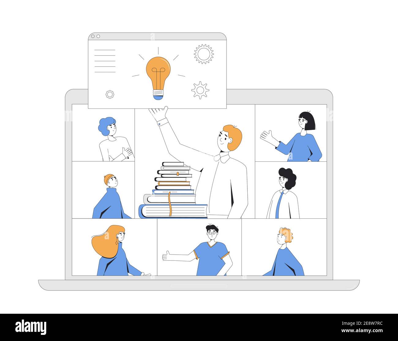 Formation en ligne. Apprentissage numérique. Les personnes qui parlent les unes aux autres sur l'écran de l'ordinateur. Enseignant et étudiants. Webinaire Internet ou formation vidéo en ligne. Illustration de Vecteur