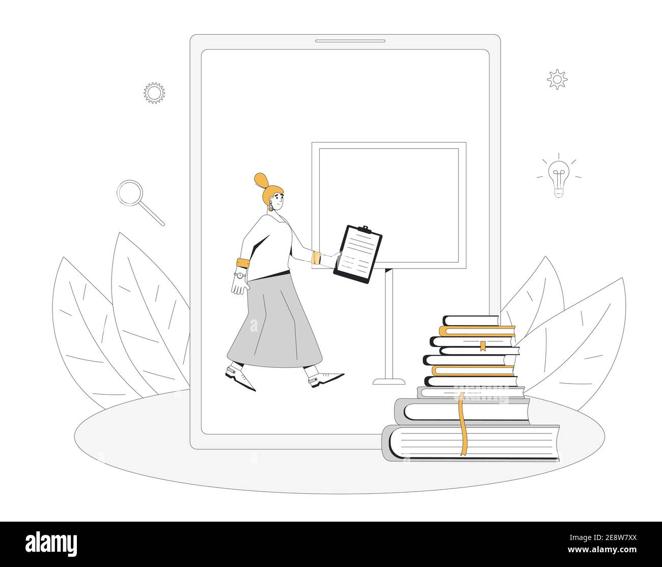 Formation en ligne. Apprentissage numérique. L'enseignant donne une conférence sur l'écran d'une tablette ou d'un téléphone. Webinaire Internet ou formation vidéo en ligne. Ligne de couleur vectorielle ar Illustration de Vecteur