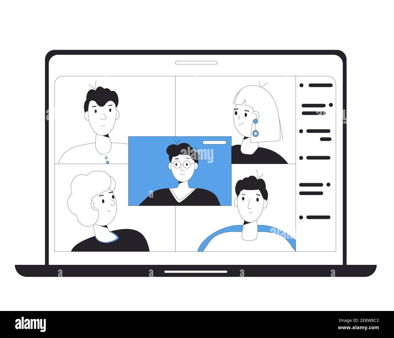 Formation en ligne. Apprentissage numérique. Les personnes qui parlent les unes aux autres sur l'écran de l'ordinateur. Enseignant et étudiants. Webinaire Internet ou formation vidéo en ligne. Illustration de Vecteur
