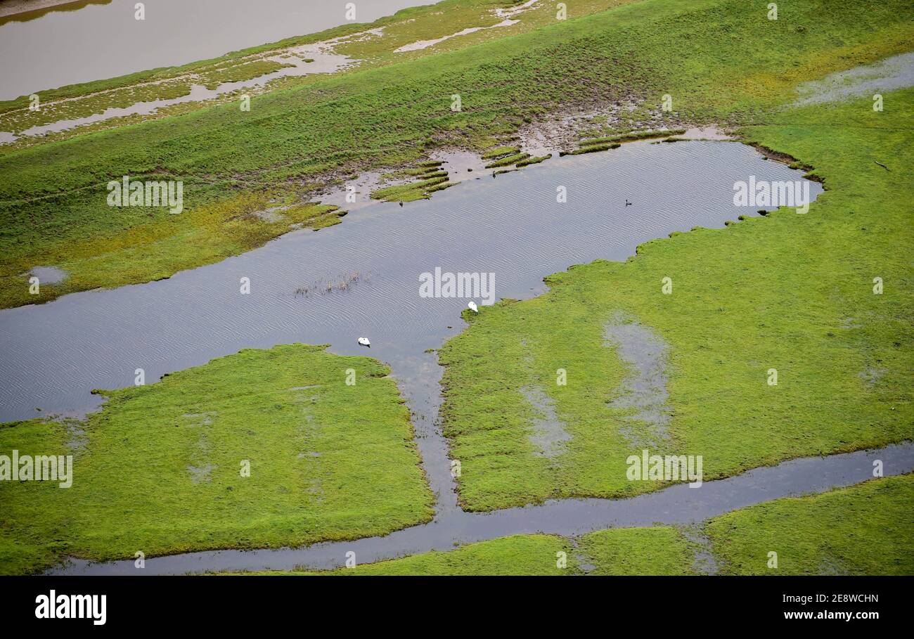 Brighton Royaume-Uni 1er février 2021 - champs inondés par la rivière Cuckmere à Alfriston près de Seaford dans East Sussex par une journée sombre et nuageux dans le Sud-est . Les niveaux d'eau de la rivière sont élevés avec les champs environnants étant inondés après des semaines de pluie durables à travers les mois d'hiver : crédit Simon Dack / Alamy Live News Banque D'Images