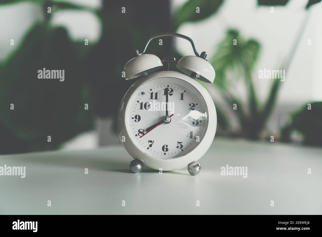 Mise au point sélective du réveil 8 heures ou 8 heures sur table avec fond de bokeh nature. Concept du temps dans la vie. Banque D'Images