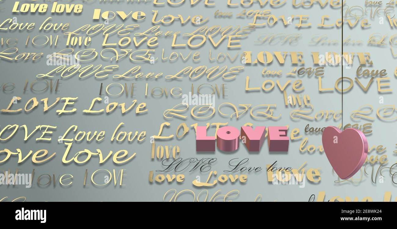 Mot AMOUR sur fond pastel vert or, coeur rose 3D. Saint-Valentin, amour, invitation à la fête, fête des mères, 8 mars, mariage, carte de vœux. Place FO Banque D'Images