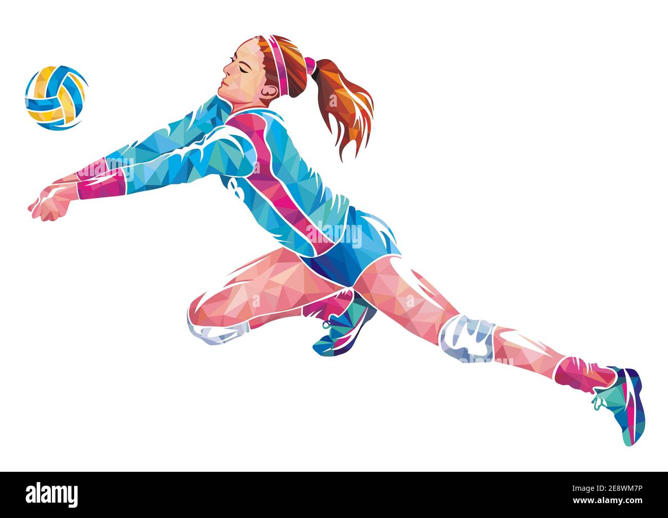 Femme joueur de volley-ball en action Illustration du concept géométrique coloré isolée Banque D'Images