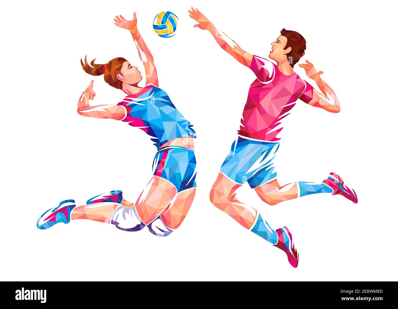 Hommes et femmes joueurs de volley-ball Design géométrique conceptuel isolé sur blanc. Banque D'Images