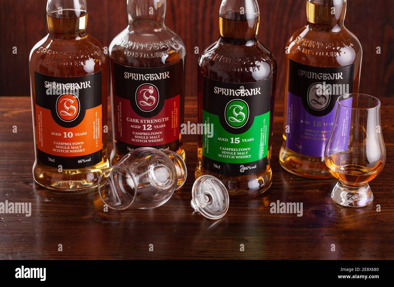 Trondheim, Norvège - Mai 26 2020 : whisky single malt Springbank quatre bouteilles 10, 15, 12, 18 ans Banque D'Images