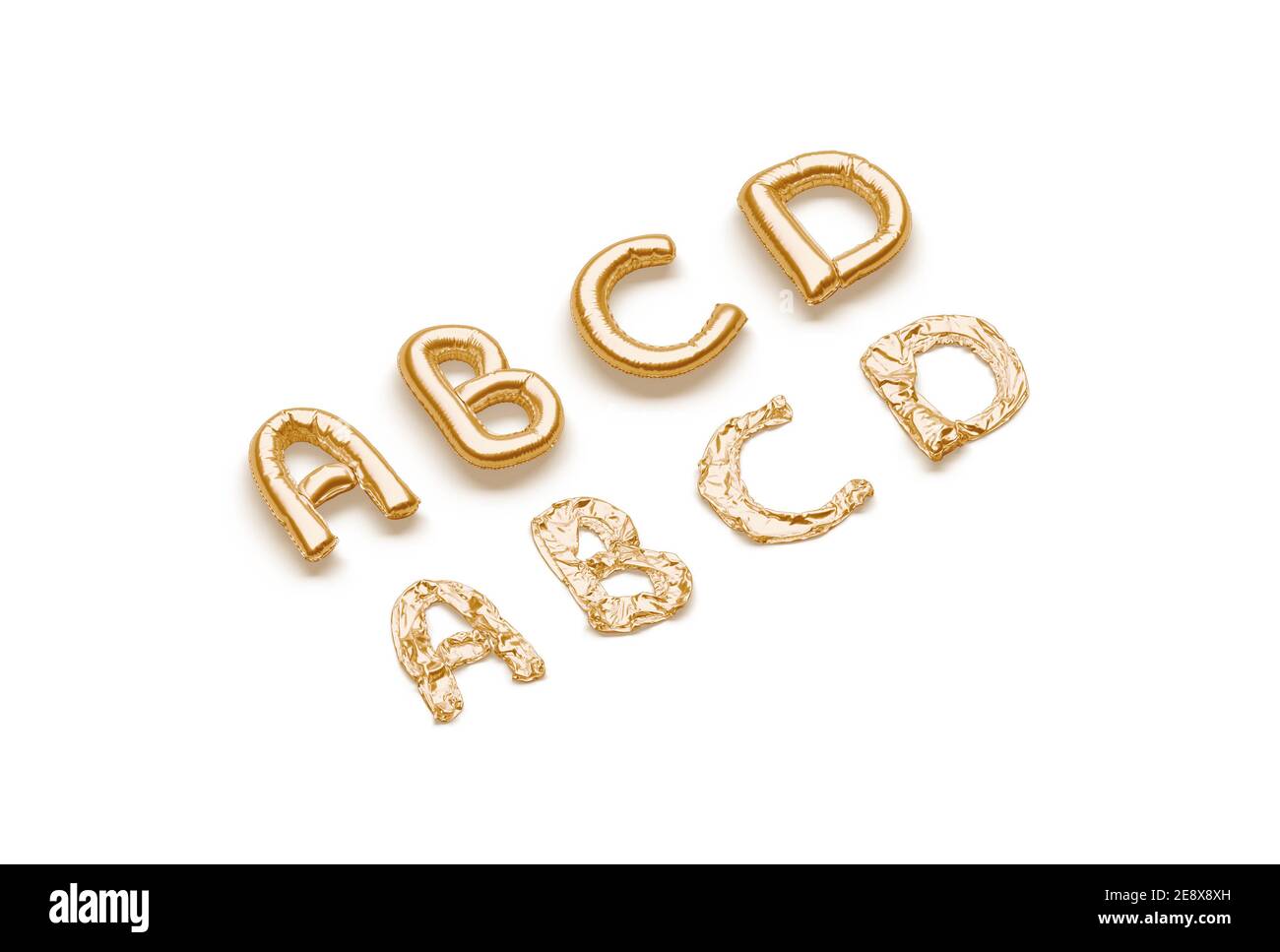 Lettres A B C D or gonflées, dégonflées, police de bulle, rendu 3d. Symbole Festival pour la fête de révélation de sexe de bébé, vue latérale. Mylar air brillant typefac Banque D'Images