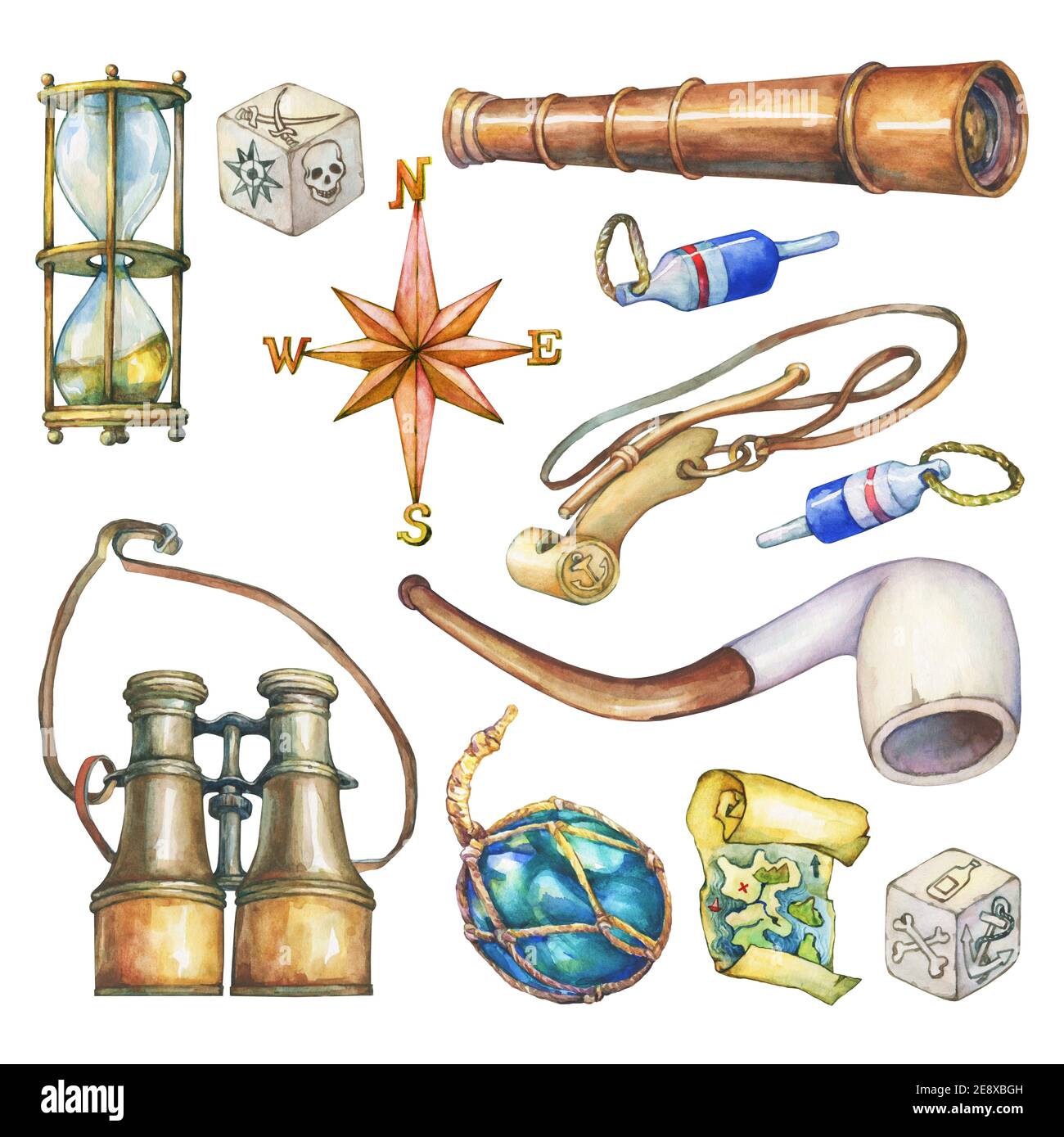 Ensemble d'objets nautiques. Aquarelle dessinée à la main sur fond blanc. Banque D'Images