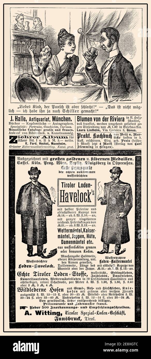 La publicité dans les magazines commerciaux page en Allemand avec de nombreuses bannières promotion,vignettes et des caricatures ; daté 1891 Banque D'Images