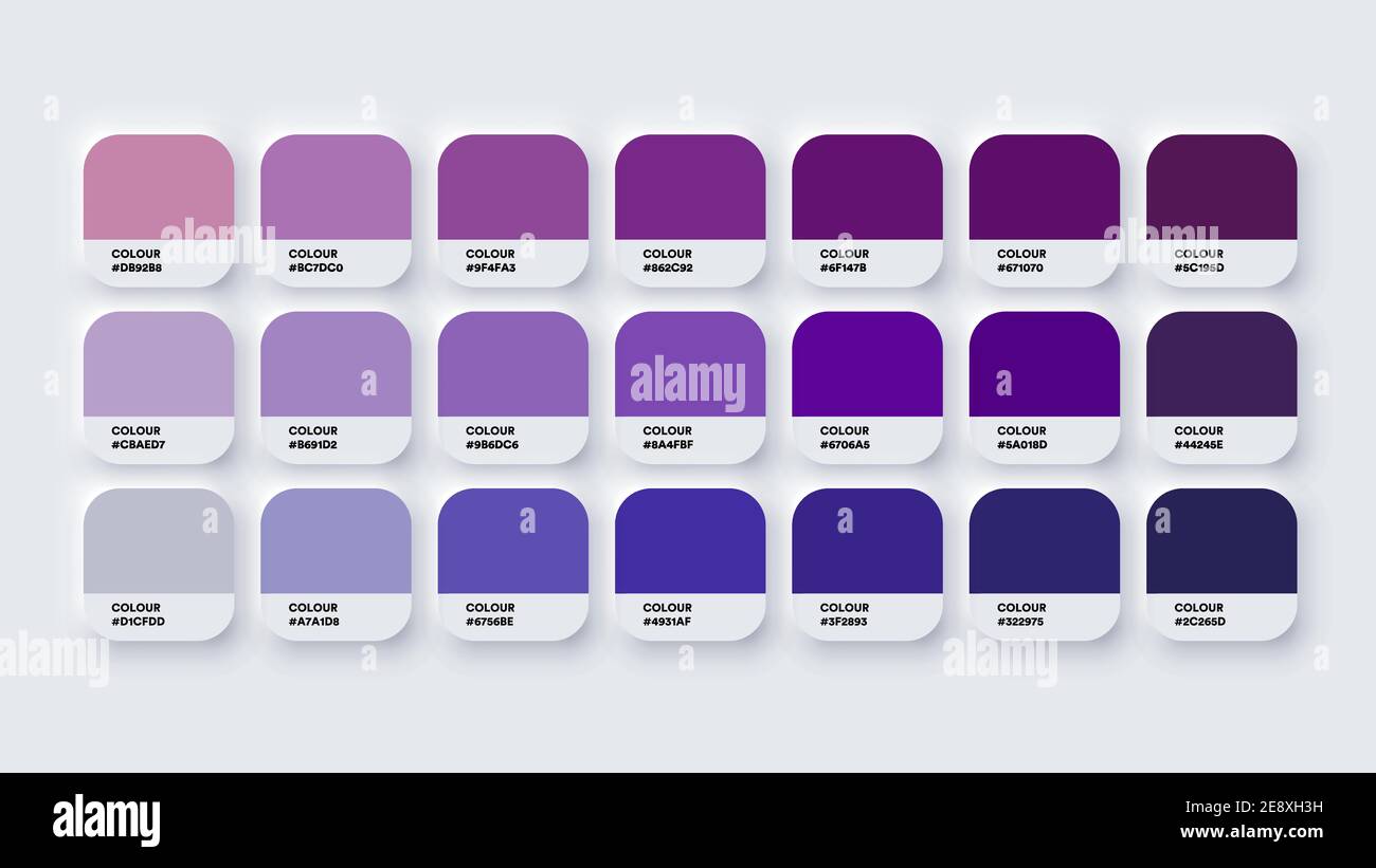 Le catalogue de palettes de couleurs échantillonne le violet en hexadécimal RVB. Vecteur de néomorphisme Illustration de Vecteur