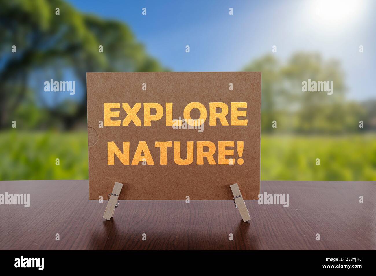 Explorez le texte de la nature sur la carte sur la table avec le fond vert ensoleillé du parc. Banque D'Images