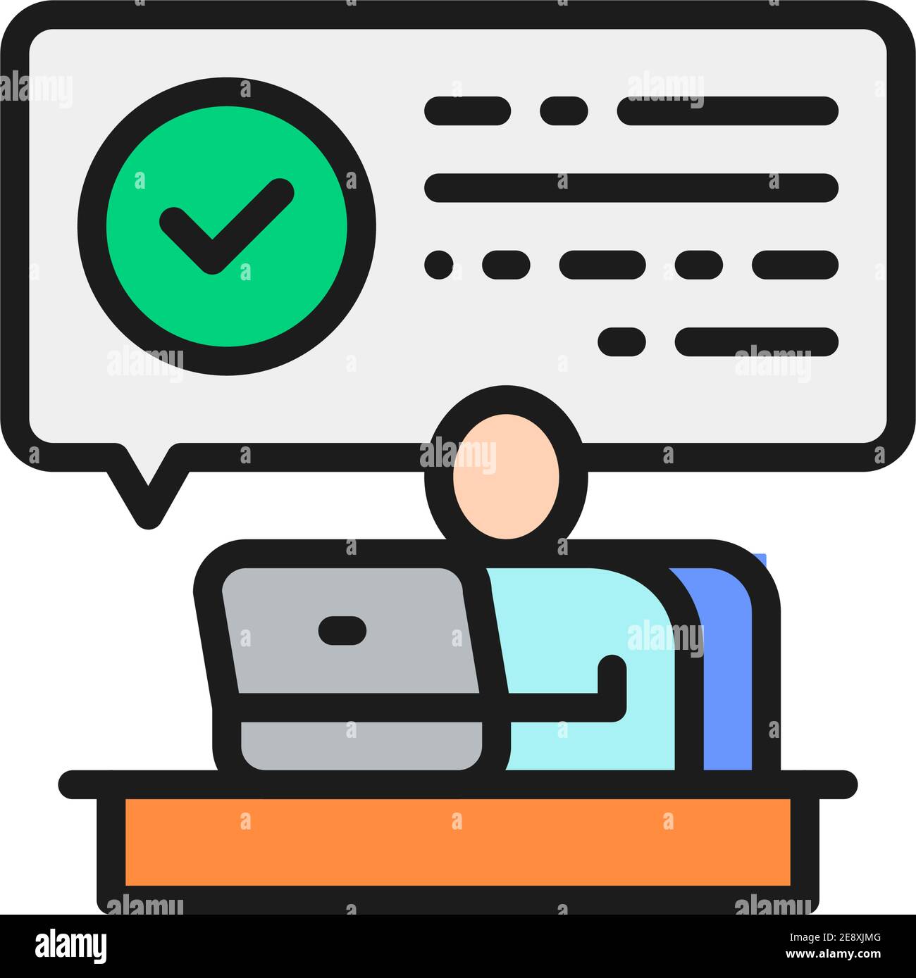 L'homme à l'ordinateur a reçu une lettre avec confirmation, icône de ligne de couleur plate approuvée Illustration de Vecteur