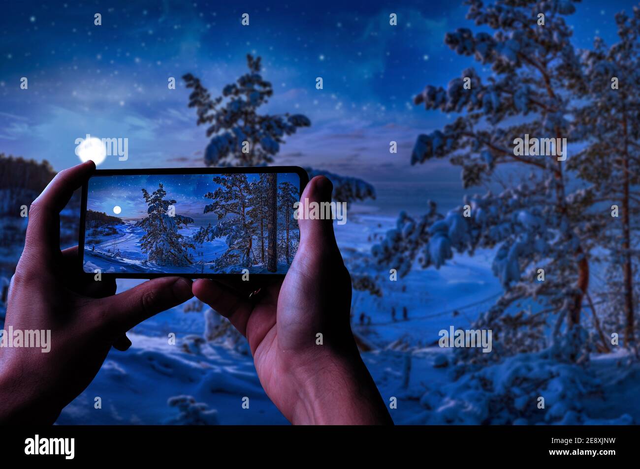 Touriste prenant des photos de la magie de la nuit d'hiver dans une côte de mer enneigée entourée par couvert de sapins de neige avec pleine lune dans un ciel étoilé. Vue sur la forêt Banque D'Images