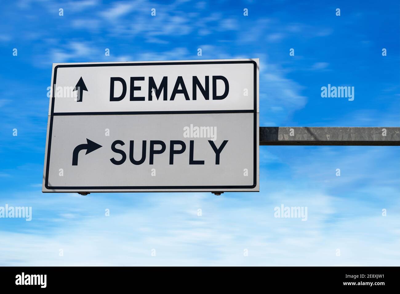 Signalisation routière avec les mots demande et offre. Deux panneaux de signalisation blancs avec flèche sur poteau métallique. Route directionnelle, panneau Crossroads Road, deux flèches sur bleu sk Banque D'Images