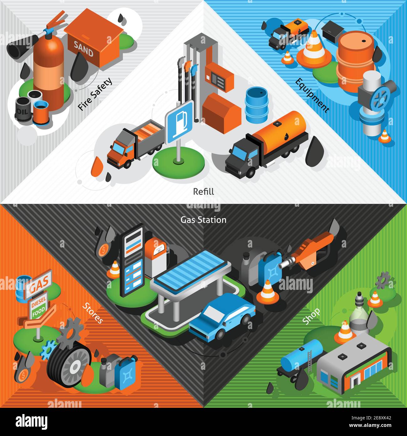 Station-service avec équipement de magasin d'atelier et coins isométriques de sécurité définir l'illustration du vecteur isolé Illustration de Vecteur